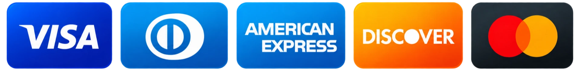 Visa, Diners Club, American Express, Discover and Mastercard accepted